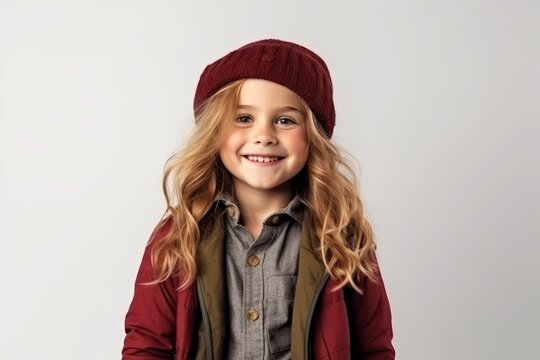 Portrait of a cute little girl in a hat and coat on a white background