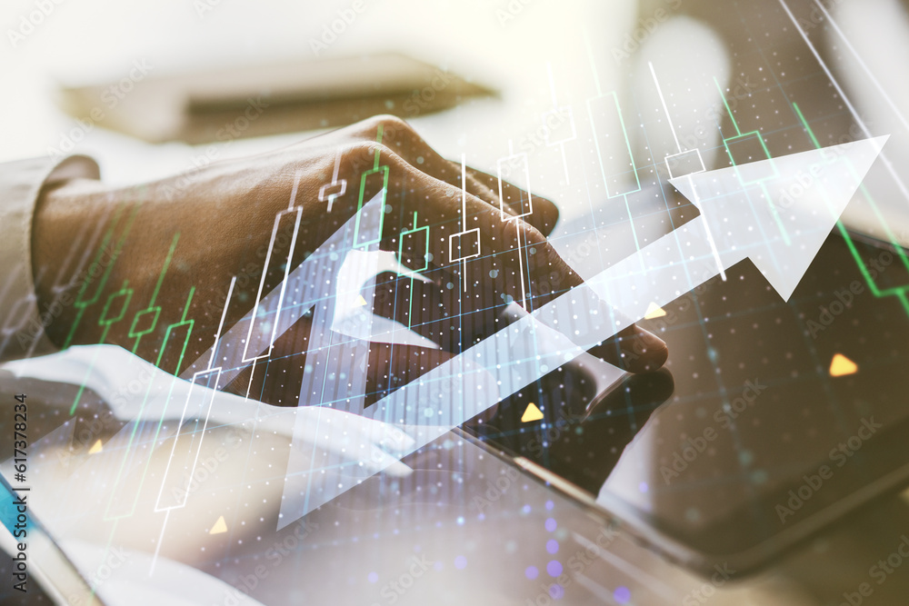 Aufkleber multi exposure of abstract financial diagram with upward arrow and hand working with a digital table