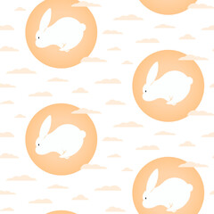 Cute jumping rabbit, moon, clouds seamless pattern on transparent background. Hand drawn vector illustration. Flat style design. Traditional Asian holiday Mid Autumn Festival print, packaging, paper