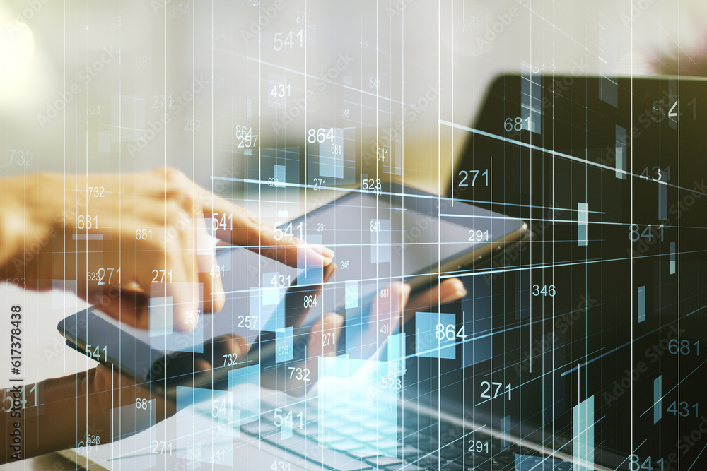 Aufkleber multi exposure of abstract statistics data hologram interface and hand working with a digital tablet