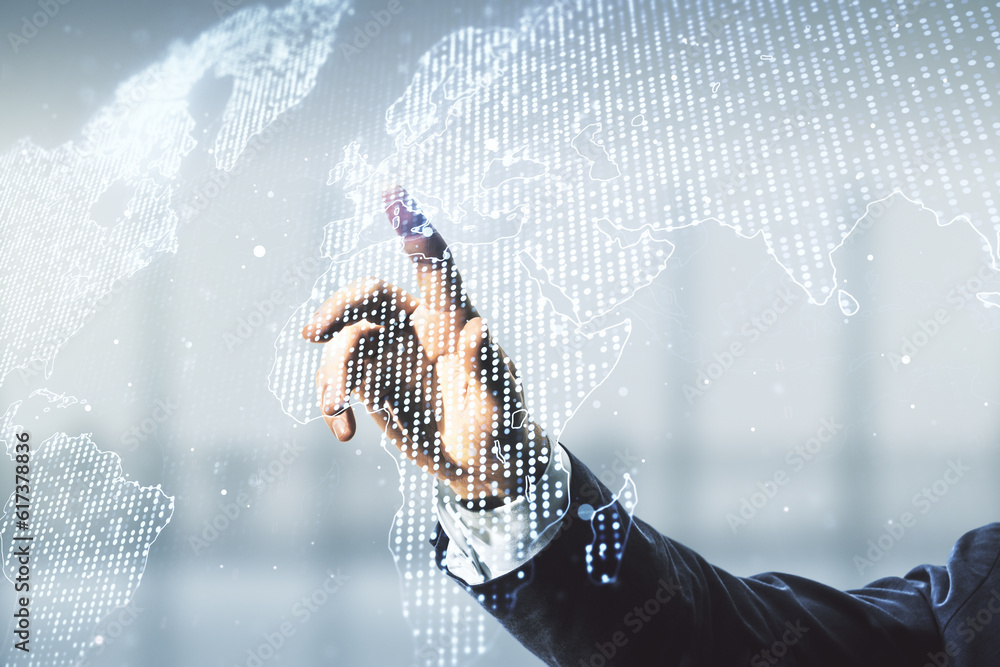 Poster multi exposure of man hand working with abstract graphic world map on blurred office background, con