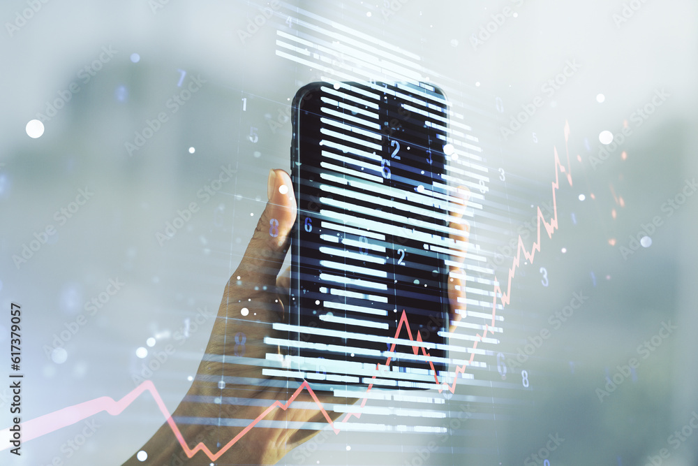Poster double exposure of creative bitcoin symbol hologram and hand with cellphone on background. mining an