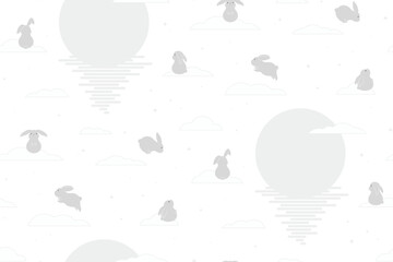 Cute rabbits, full moon, clouds, stars seamless pattern on transparent background. Hand drawn vector illustration. Flat style design. Traditional Asian holiday Mid Autumn Festival print, packaging