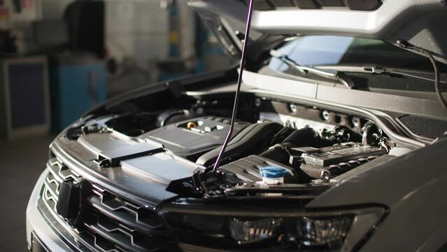 car maintenance, detailed view of engine compartment of new vehicle background of sunlight at technical station, close-up