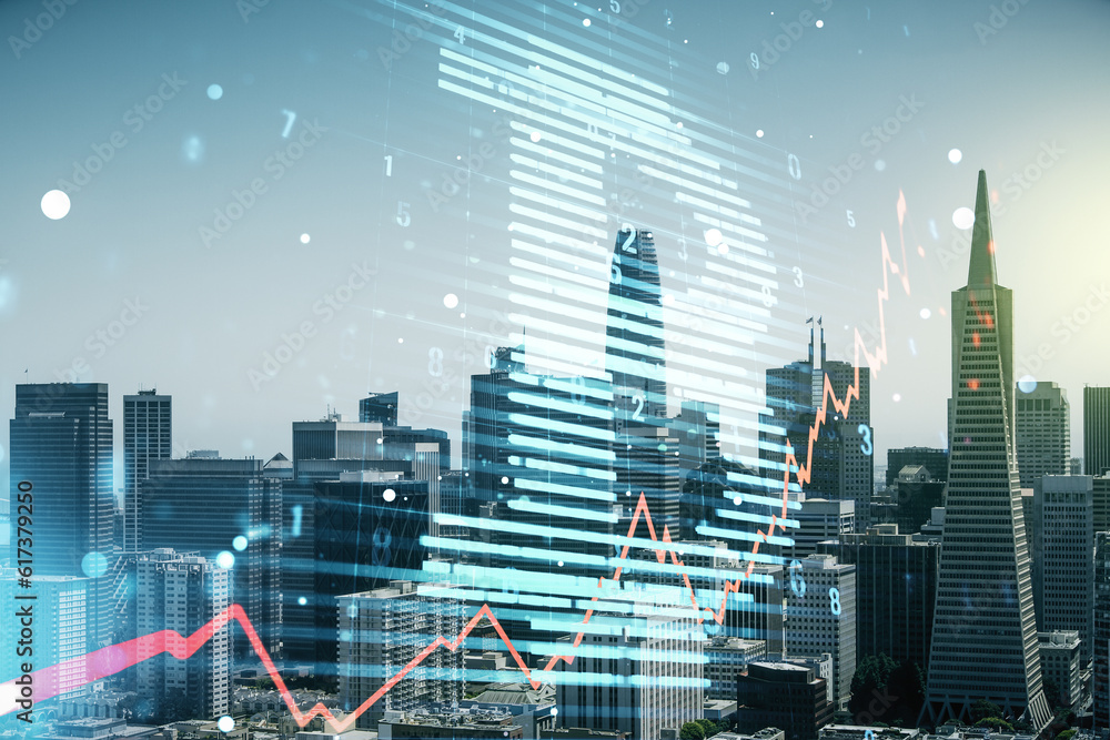 Poster Double exposure of creative Bitcoin symbol hologram on San Francisco office buildings background. Mining and blockchain concept