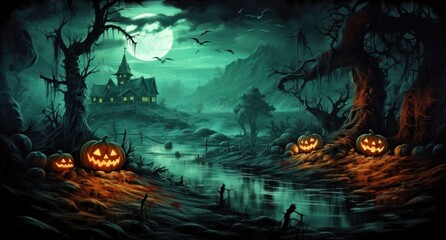 Halloween scene with jackolanterns, ghosts, and skeletons Illustration AI Generative