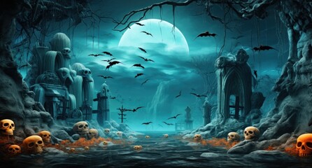 Fototapeta premium Halloween scene with jackolanterns, ghosts, and skeletons Illustration AI Generative