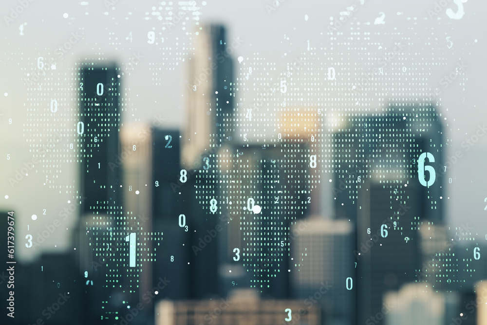 Poster Multi exposure of abstract software development hologram and world map on blurry cityscape background, global research and analytics concept