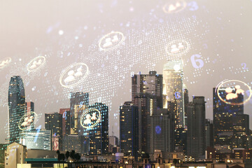 Double exposure of social network icons interface and world map on Los Angeles office buildings background. Networking concept