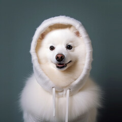 white spitz in streetwear in stylish clothes