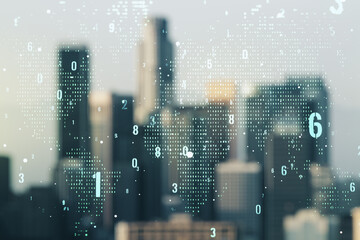 Multi exposure of abstract software development hologram and world map on blurry cityscape background, global research and analytics concept