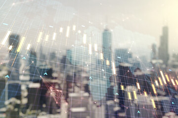 Multi exposure of abstract financial diagram and world map on blurry office buildings background,...