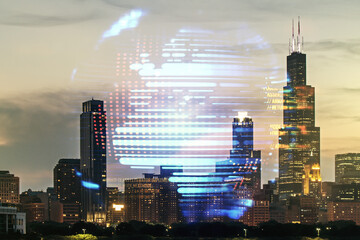 Abstract virtual coding concept and world map hologram on Chicago skyline background. Multiexposure