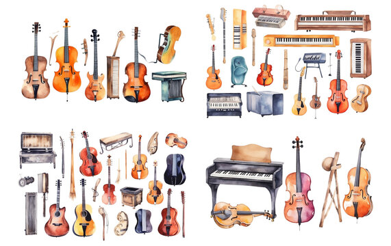 Watercolor International musical instrument set on white background. Watercolor painting daily routine objects