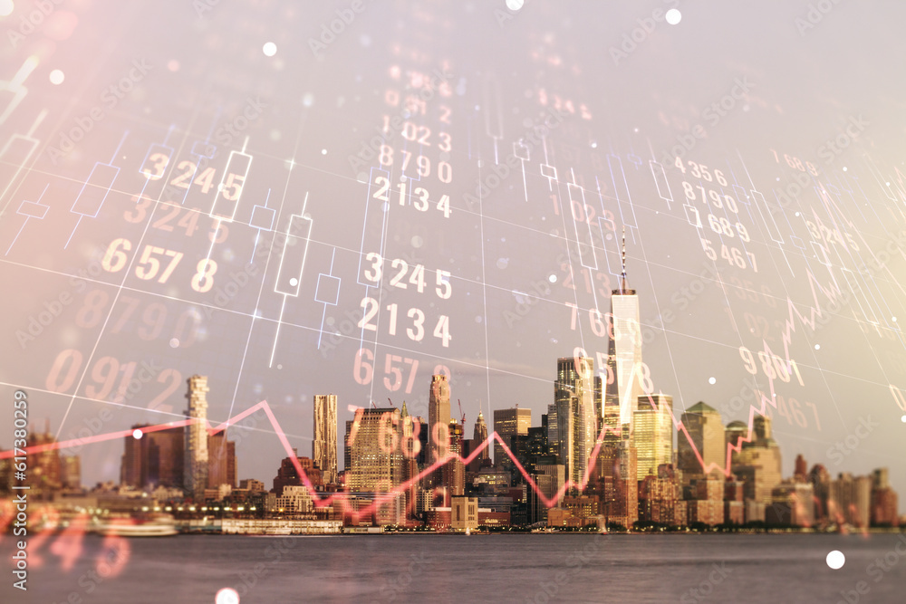 Poster multi exposure of abstract statistics data hologram interface on manhattan office buildings backgrou