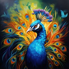 Fototapeta premium Blue peacock background. Illustration AI Generative.