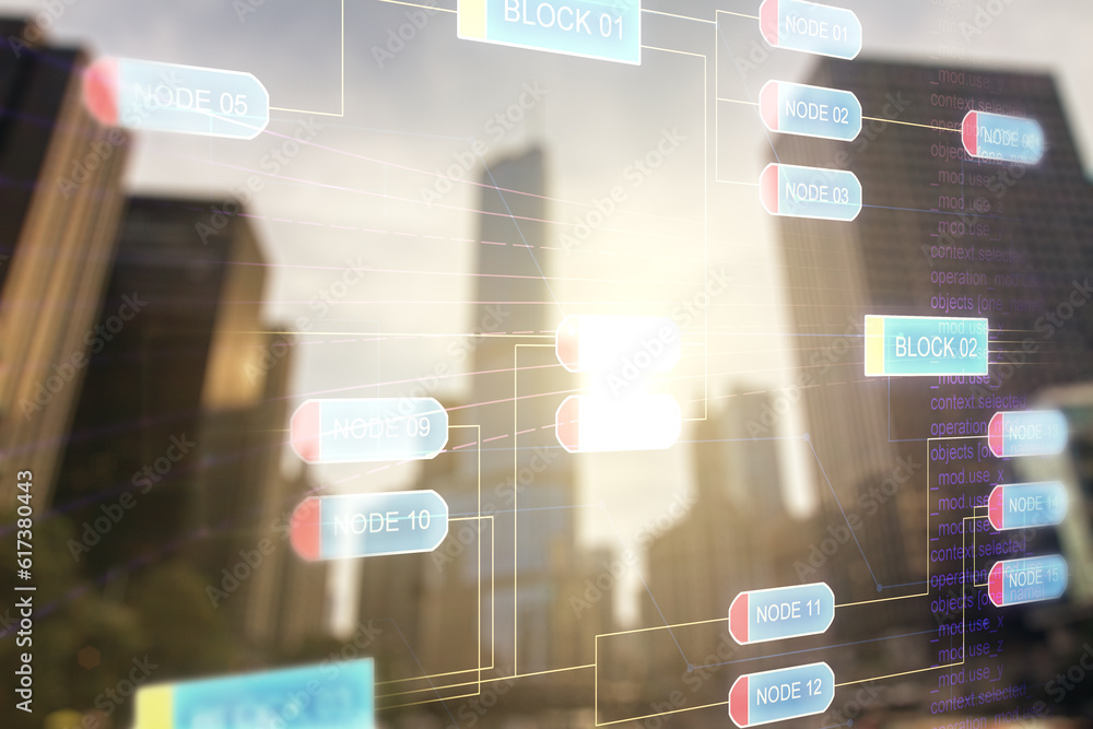 Aufkleber abstract virtual coding concept on office buildings background. multiexposure