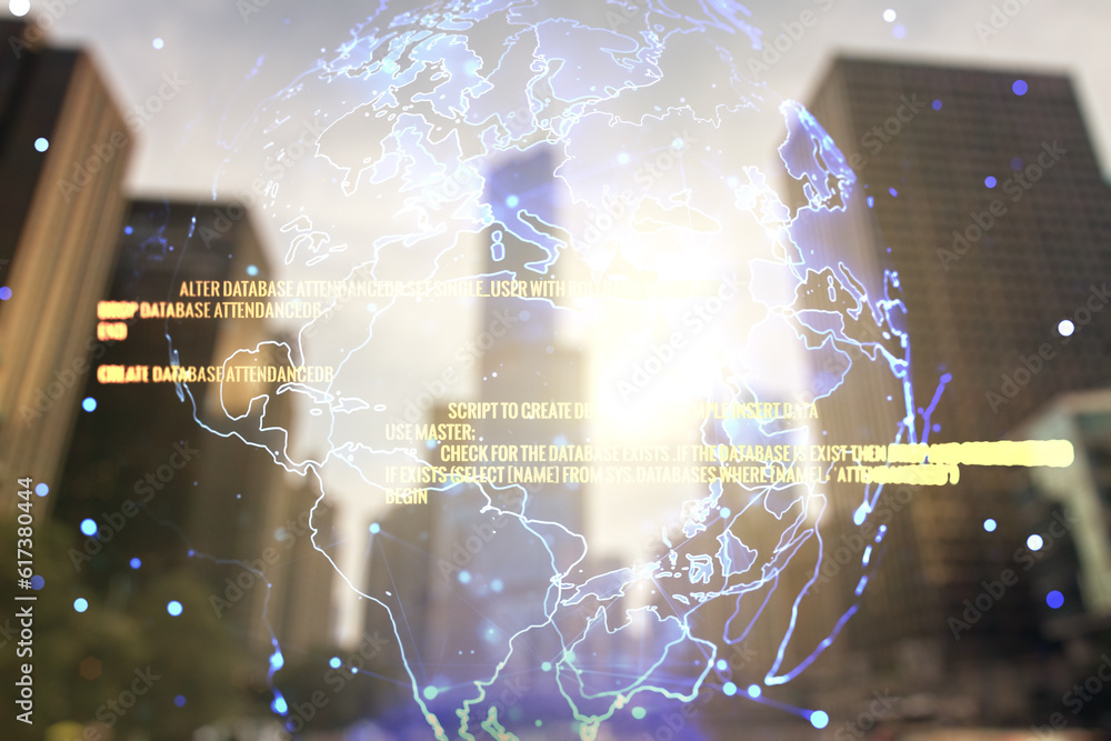 Aufkleber multi exposure of abstract software development hologram and world map on modern skyscrapers backgro