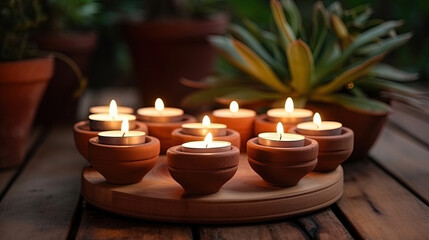 Obraz na płótnie Canvas Lit candles in small decorative clay pots and tea light candle burning on round wooden board. celebration, religion, tradition and ceremony concept