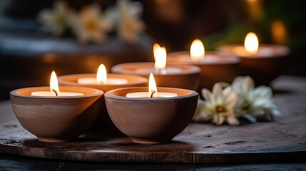Obraz na płótnie Canvas Lit candles in small decorative clay pots and tea light candle burning on round wooden board. celebration, religion, tradition and ceremony concept