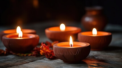 Obraz na płótnie Canvas Lit candles in small decorative clay pots and tea light candle burning on round wooden board. celebration, religion, tradition and ceremony concept