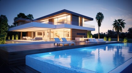 Fototapeta na wymiar Modern villa with pool. Illustration AI Generative.