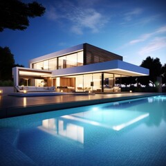 Fototapeta premium Modern villa with pool. Illustration AI Generative.