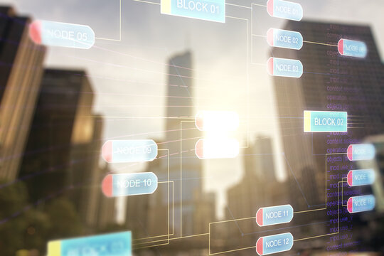 Abstract virtual coding concept on office buildings background. Multiexposure