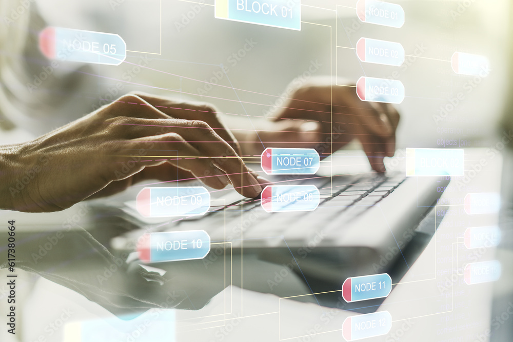 Poster abstract creative coding illustration with hands typing on laptop on background, software developmen