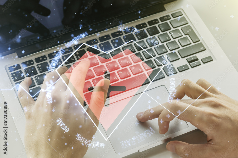 Poster Creative abstract heart pulse hologram and hands typing on computer keyboard on background, online medical consulting concept. Multiexposure