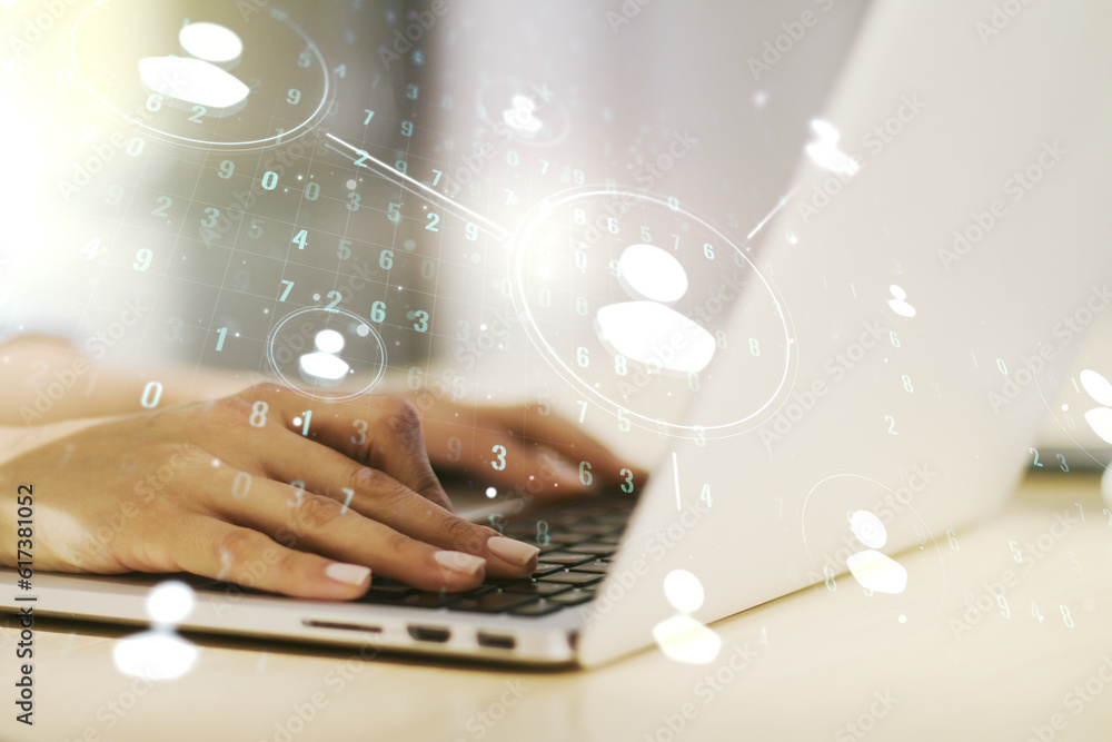 Poster Double exposure of social network icons concept with hand typing on computer keyboard on background. Networking concept