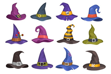 Set of pointed witch hats in different shapes and colors isolated on a white background. Pointed wizard hat collection in cartoon style for Halloween decorations. Magician headwear icons.