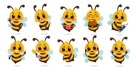 Set of cute cartoon bee characters isolated on white background. Honeybee characters with different emotions, holding a pot of honey, a book, a pencil and a spoon. Emoticon vector collection. - obrazy, fototapety, plakaty