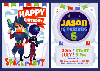 Birthday party invitation template with an outer space theme. Cosmic pirate characters on a spaceship in cartoon style: a captain and a cat with blasters. Cartoon vector illustration for card design.