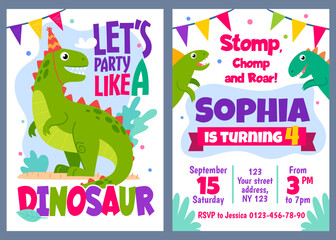 Let's party like a dinosaur birthday invitation. Kids' party card template with cute colorful dino, date, time, name and location of the celebration. Stomp, chomp and roar! Cartoon vector illustration