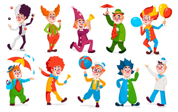 Set of clowns in different poses isolated on white background. Funny cartoon characters in clown costumes with makeup and red noses will make children laugh at a circus. Vector icon collection.