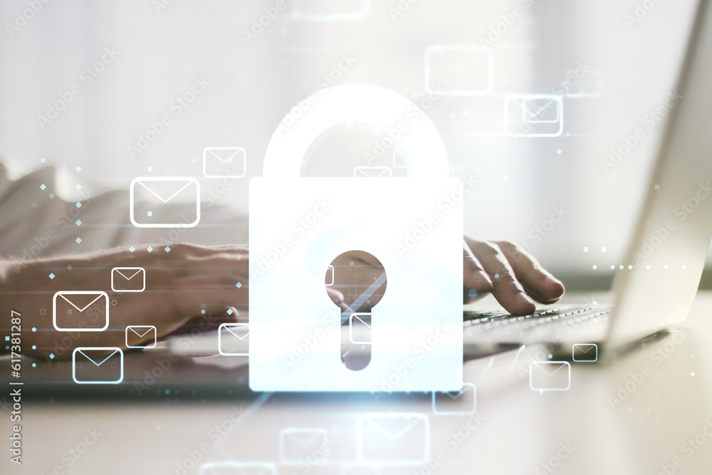 Poster creative light lock illustration with postal envelopes and hands typing on computer keyboard on back