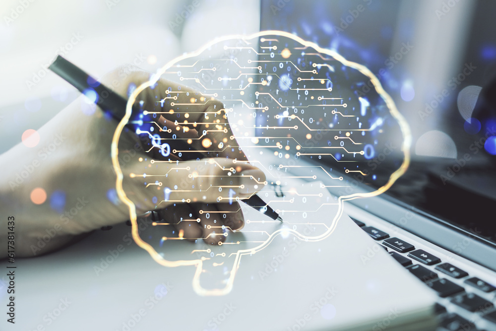 Aufkleber double exposure of creative human brain microcircuit with hand writing in notepad on background with