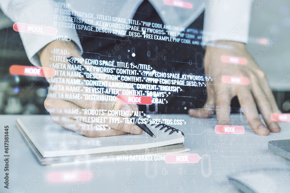 Poster double exposure of abstract creative programming illustration and hand writing in notepad on backgro