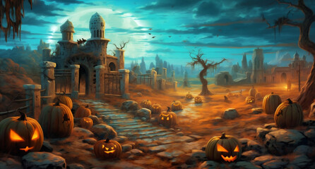 halloween grave pumpkin bat horror cemetery holiday night moon dark. Generative AI.