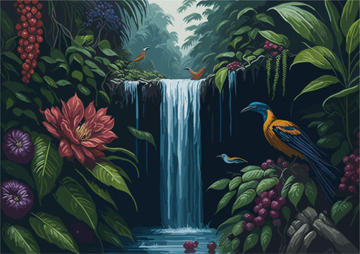 a vector background image inspired by the natural world, showcasing a lush rainforest teeming with diverse flora and fauna, cascading waterfalls, and rays of sunlight piercing through the dense canopy