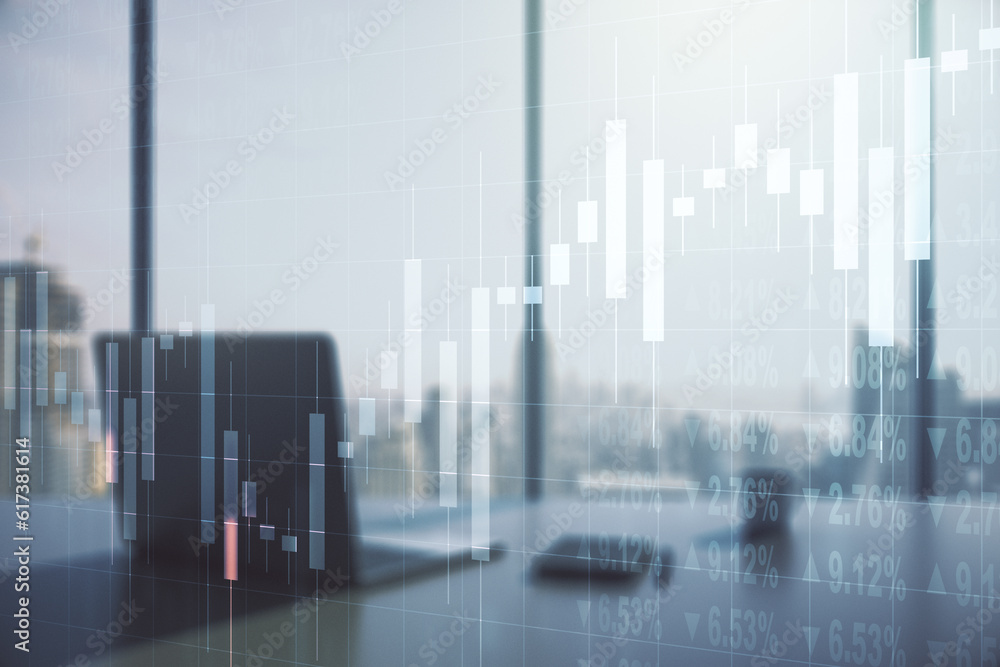 Poster multi exposure of abstract creative financial chart and modern desktop with laptop on background, re