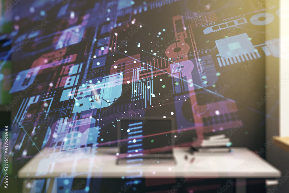 Poster double exposure of abstract creative programming illustration and modern desk with computer on backg