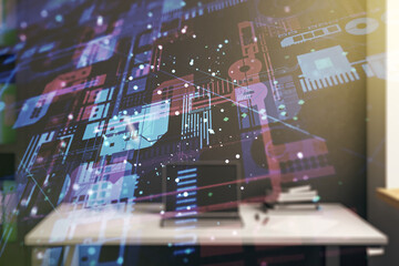 Double exposure of abstract creative programming illustration and modern desk with computer on background, big data and blockchain concept