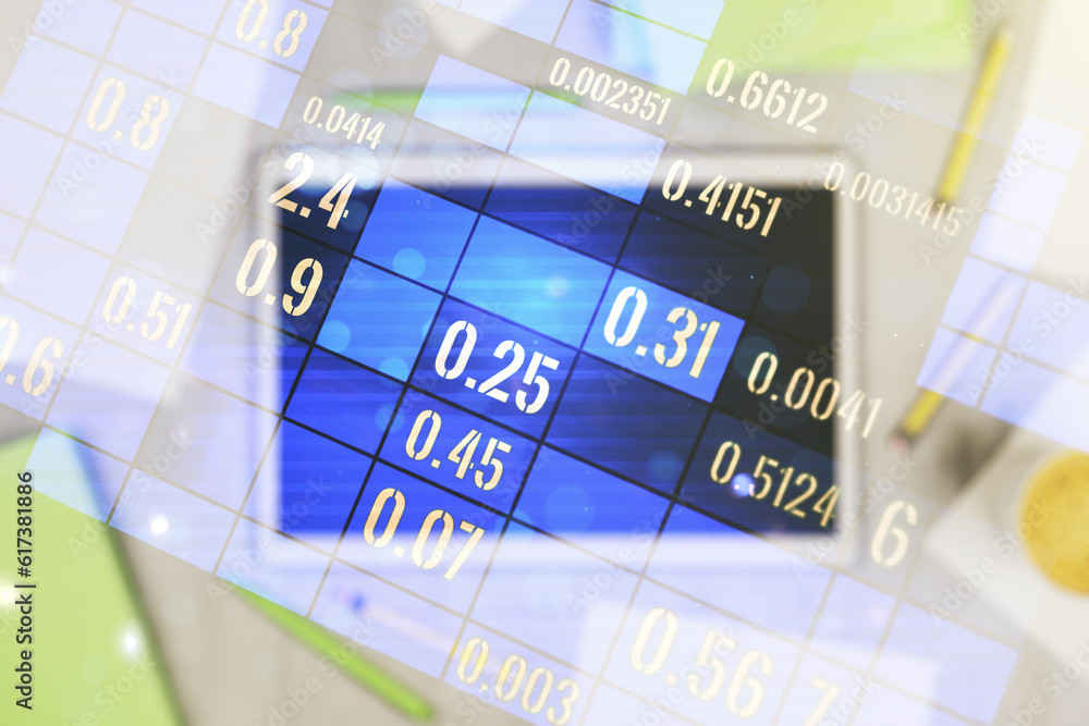 Poster Multi exposure of abstract statistics data hologram interface and modern digital tablet on background, computing and analytics concept