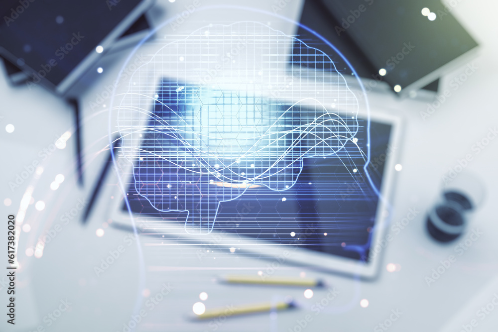 Poster double exposure of creative artificial intelligence symbol and digital tablet on background, top vie