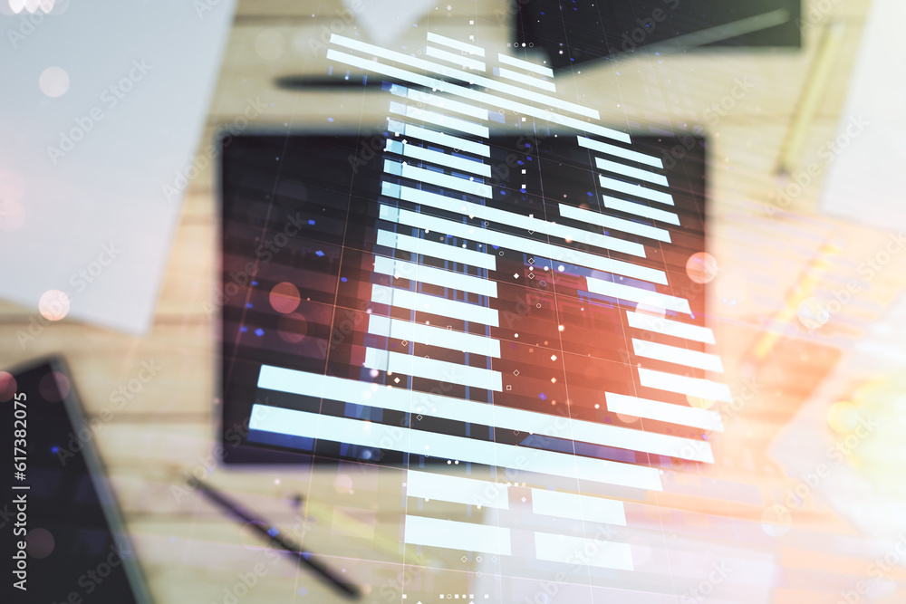 Aufkleber Double exposure of creative Bitcoin symbol hologram and modern digital tablet on background. Mining and blockchain concept