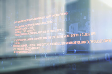 Double exposure of abstract creative programming illustration on contemporary business center exterior background, big data and blockchain concept