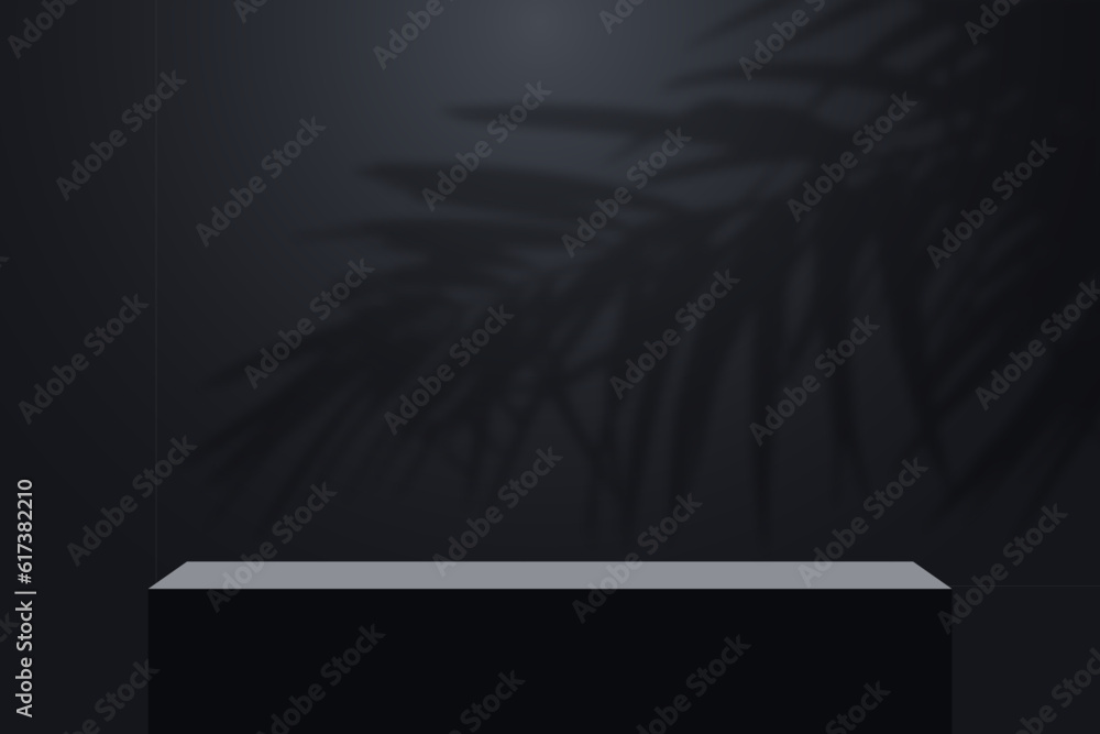Poster realistic dark platform with shadow overlay of palm tree branch. stage with empty pedestal and trans