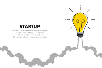Light bulb rocket launch for business startup concept or successful idea. Glowing light bulb in form of rocket takes off. Development and advance project. Flat style. Vector illustration.